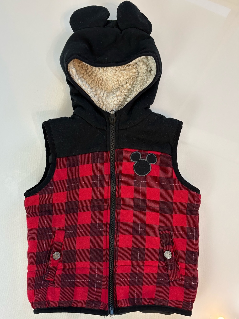 Disney Junior Mickey Mouse Boys Hooded Vest 4T Buffalo Plaid Sherpa Lined